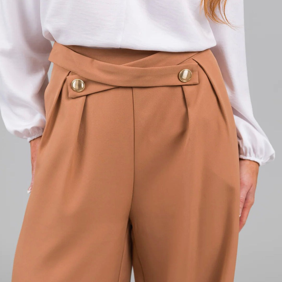 Pantalon femme large – Taille haute – Boutons décoratifs – Coupe fluide longue