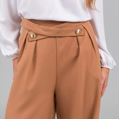 Pantalon femme large – Taille haute – Boutons décoratifs – Coupe fluide longue