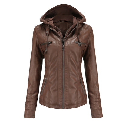 Veste à capuche femme – Simili cuir – Coupe cintrée – Capuche amovible – Poches zippées