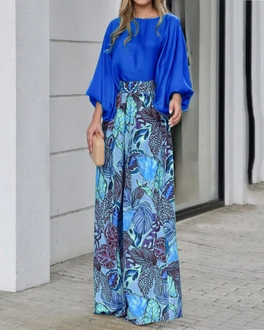 Ensemble Femme – Pantalon Large Taille Haute – Blouse Manche Chauve-Souris Fluide