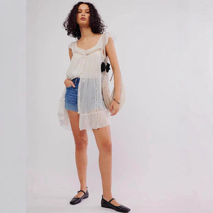 Robe femme sans manches – Mini fluide en chiffon – Dentelle – Boutons – Ourlet volanté