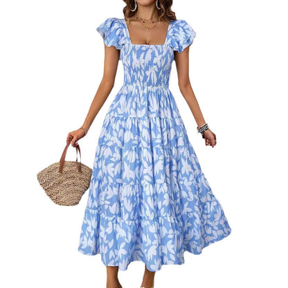 Robe longue femme – Bretelles à volants – Buste smocké – Jupe évasée à volants – Tissu respirant