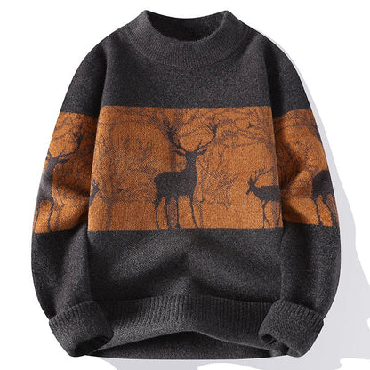 Homme Pull - Laine Mélangée - Col Montant - Motif Cerf - Manches Longues