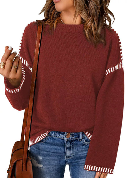 Pull femme – Coupe ample – Maille torsadée – Col rond – Manches longues à rayures