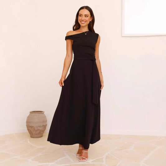 Robe longue femme – Épaule dénudée – Encolure asymétrique – Ceinture taille – Coupe élégante