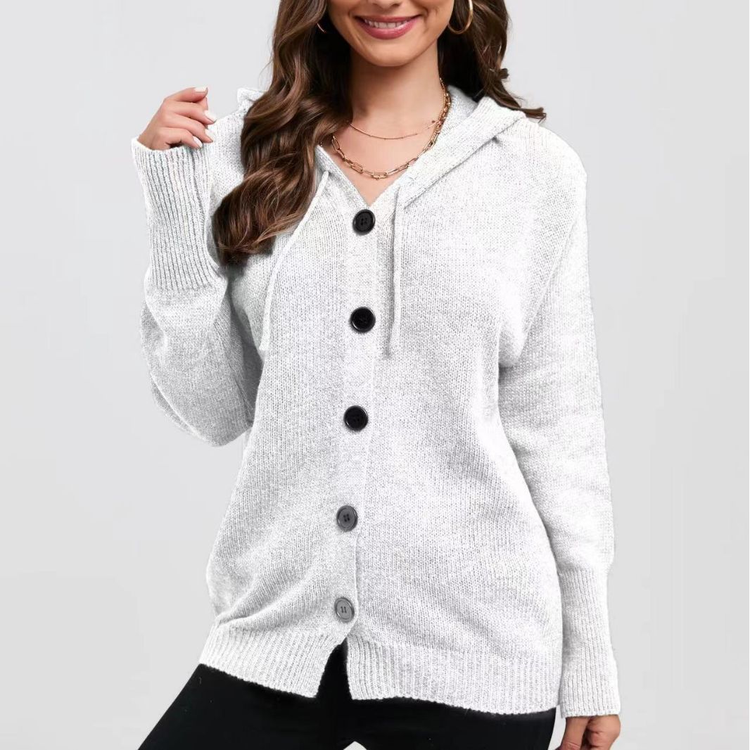 Cardigan femme à capuche – Maille douce – Coupe ample – Boutons – Finition côtelée