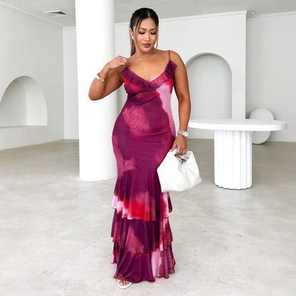 Robe longue femme – Coupe ajustée – Bretelles fines – Décolleté à volants – Jupe à volants