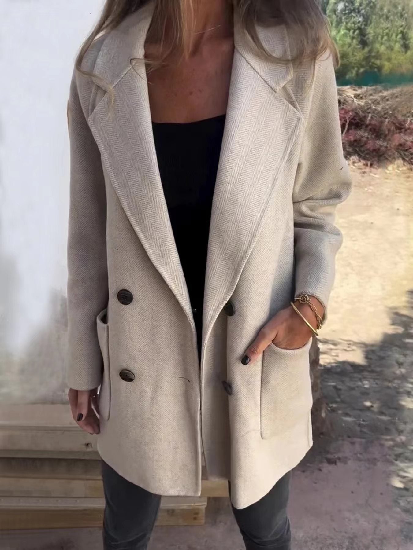 Manteau femme – Coupe ajustée – Laine mélangée – Double boutonnage – Col à revers