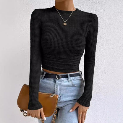 Top court femme – Manches longues – Ajusté – Taille froncée – Maille texturée douce