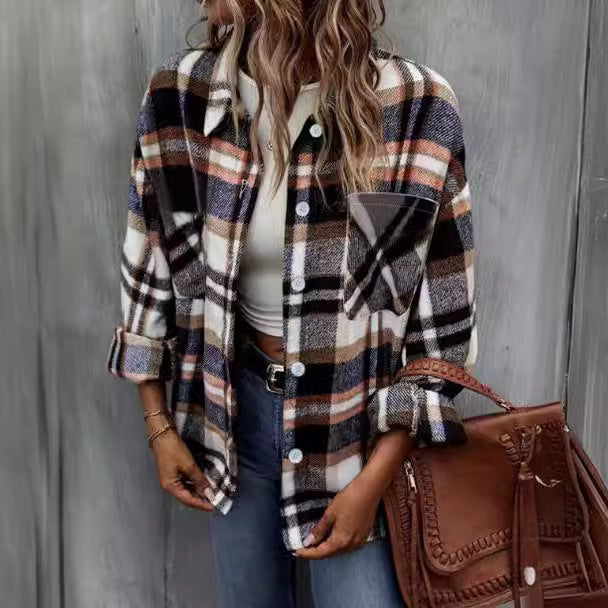 Manteau femme en laine – Coupe ample – Motif à carreaux – Style décontracté