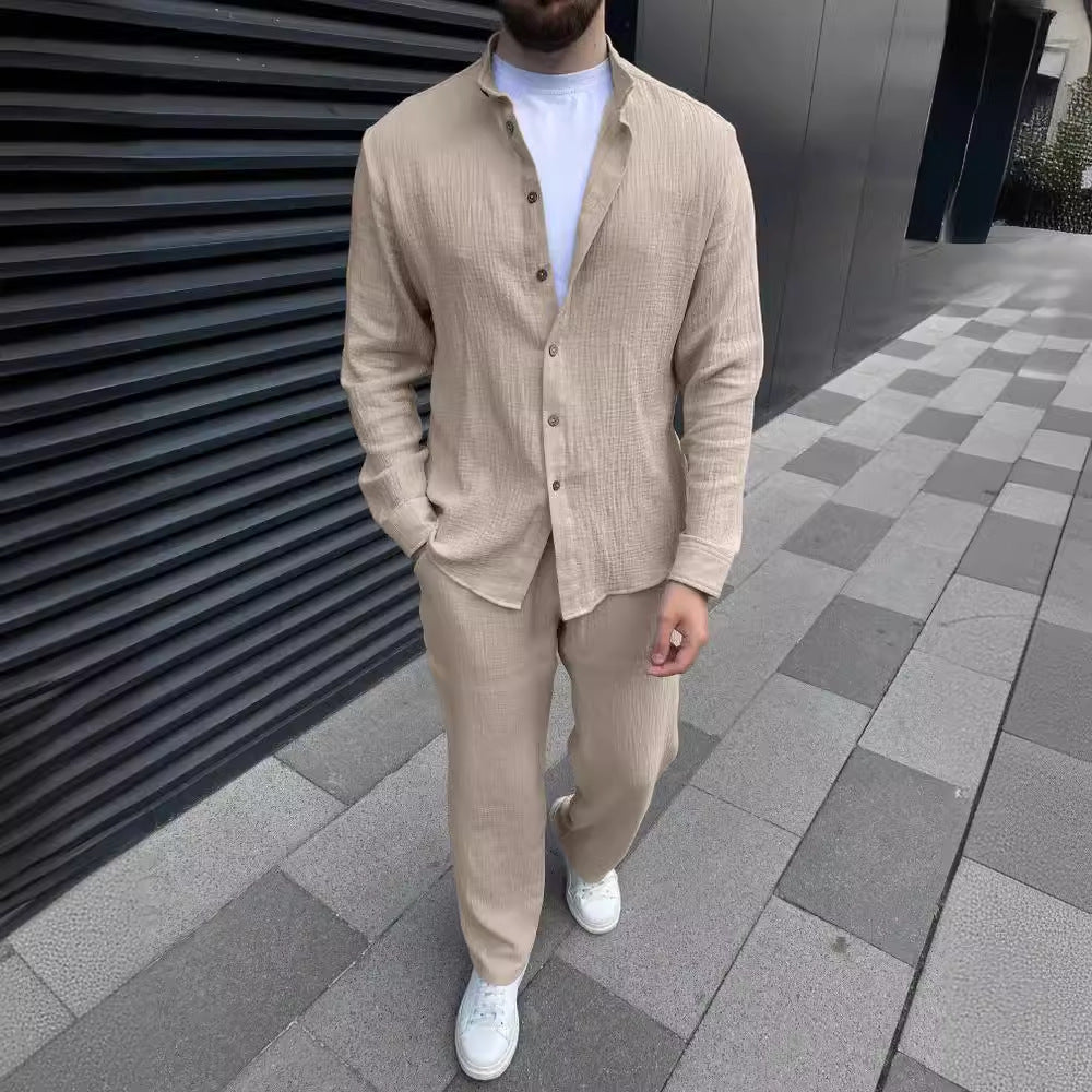 Tenue homme – Ensemble linnen coupe décontractée – Chemise boutonnée et pantalon droit