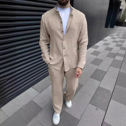 Tenue homme – Ensemble linnen coupe décontractée – Chemise boutonnée et pantalon droit