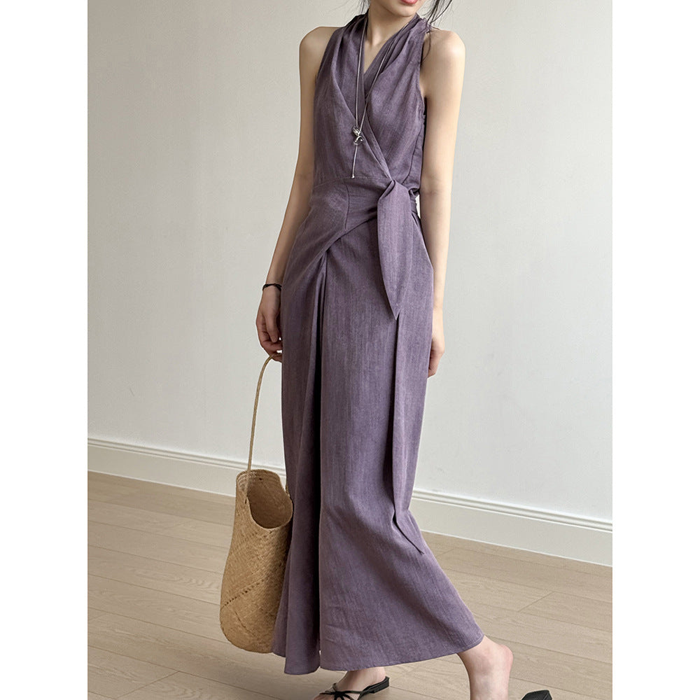 Robe femme longue – Coupe slim – Col V dos nu – Ceinture taille – Tissu fluide