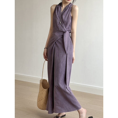 Robe femme longue – Coupe slim – Col V dos nu – Ceinture taille – Tissu fluide