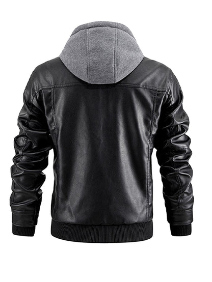 Veste en cuir à capuche pour homme - Fermeture éclair sur le devant - Vêtements d'extérieur décontractés