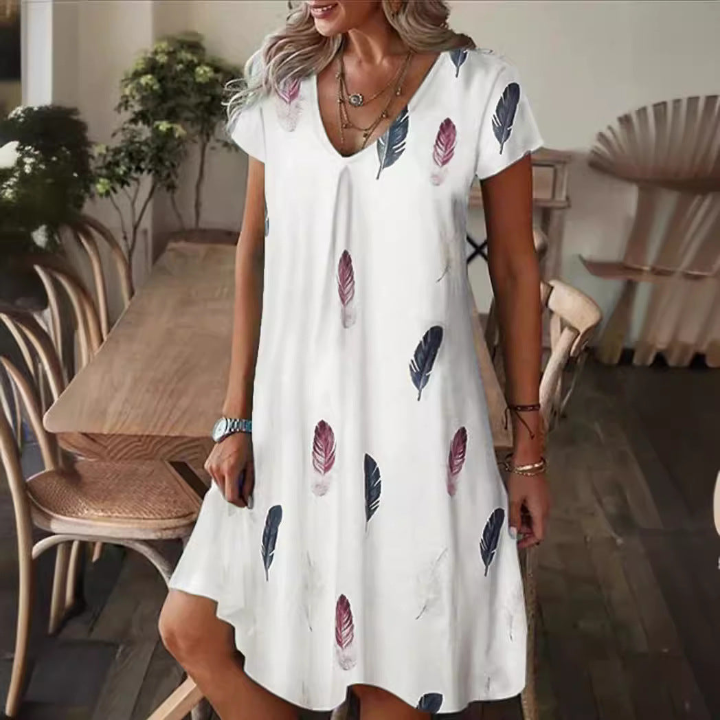 Robe femme – Coupe ample – Imprimé fleuri – Col en V – Manches courtes – Tissu léger