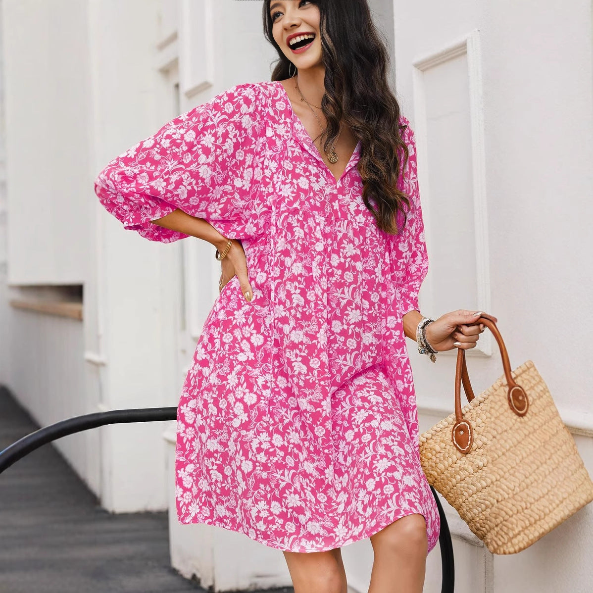 Robe midi femme – Tissu léger – Coupe décontractée – Manches lanterne – Imprimé bohème