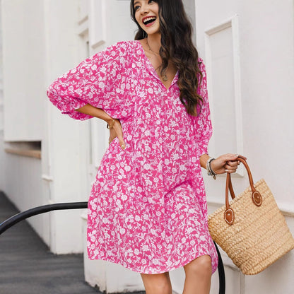 Robe midi femme – Tissu léger – Coupe décontractée – Manches lanterne – Imprimé bohème
