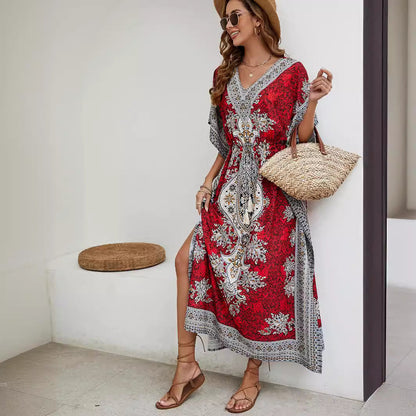 Robe longue femme – Tissu léger respirant – Manches larges – Motif orné – Décolleté V