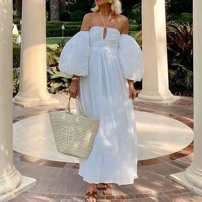 Robe longue femme – Épaules dénudées – Manches bouffantes – Détail découpé – Coupe fluide