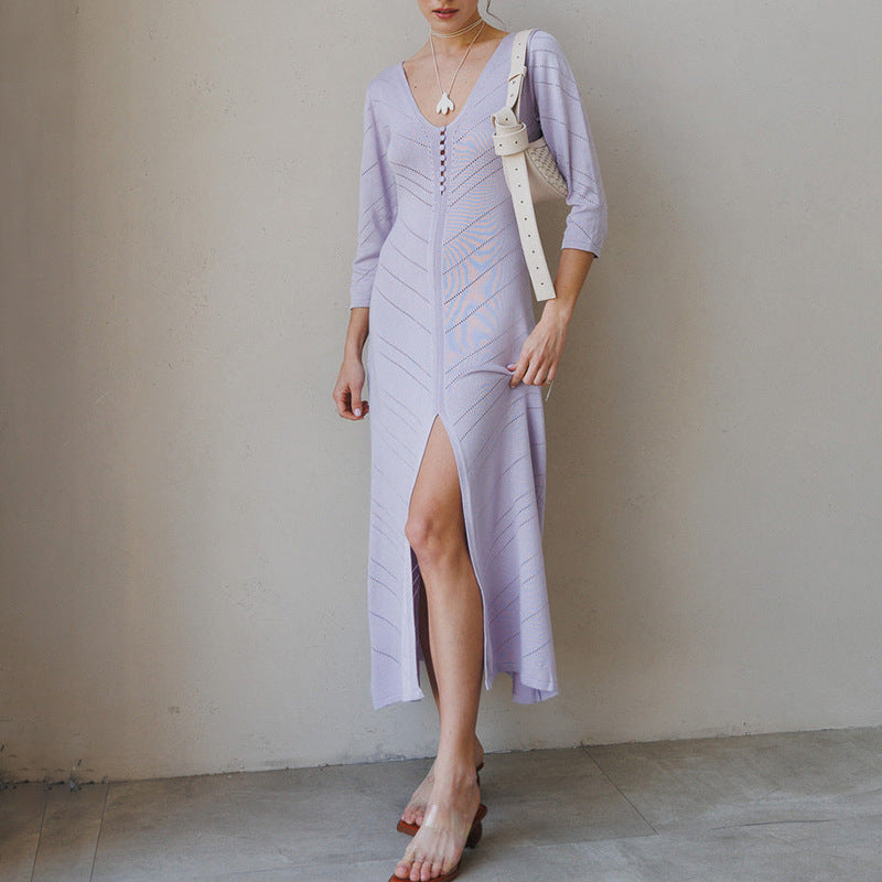 Robe longue femme – Maille fine – Coupe ajustée – Fente haute – Décolleté en V