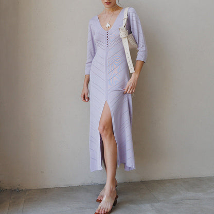 Robe longue femme – Maille fine – Coupe ajustée – Fente haute – Décolleté en V