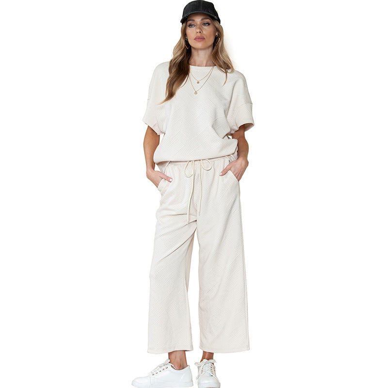 Ensemble Femme Décontracté – Tissu Texturé Léger – Coupe Ample – Taille Cordon Ajustable