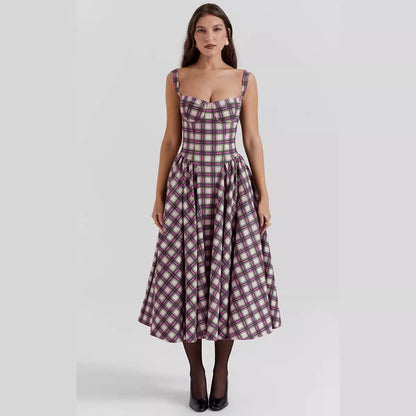 Robe longue femme – Tissu fluide respirant – Taille cintrée – Motif à carreaux – Poches pratiques