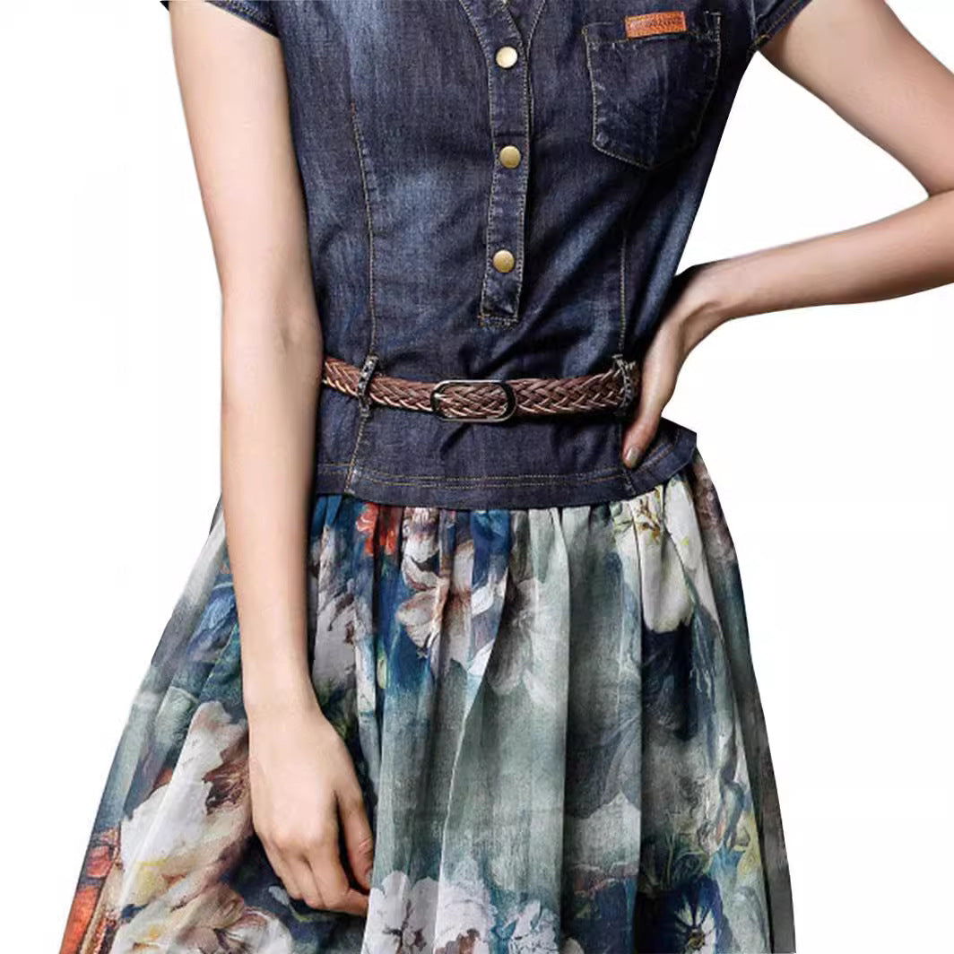 Robe longue femme – Décolleté en V – Boutonnée – Ceinture tressée – Tissu fluide