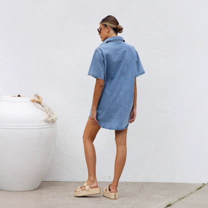 Robe chemise femme – Jean souple – Coupe oversize – Manches courtes – Boutonnée