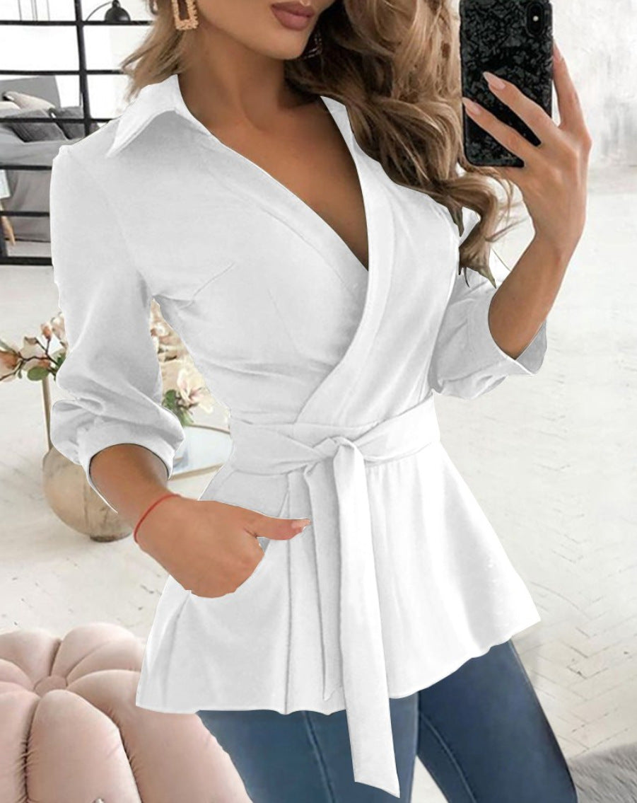 Blouse femme – Coupe cintrée – Manches longues – Col chemise – Ceinture ajustable