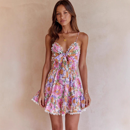 Robe Mini Femme – Coupe Évasée – Bretelles Fines – Dos Noué – Imprimé Fleuri
