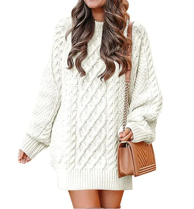 Robe Pull Femme – Coupe Oversize – Maille Torsadée – Longueur Genou – Manches Longues