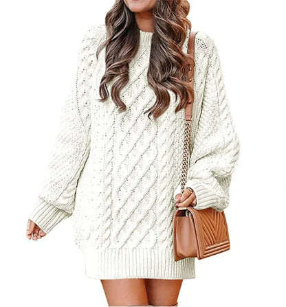 Robe Pull Femme – Coupe Oversize – Maille Torsadée – Longueur Genou – Manches Longues
