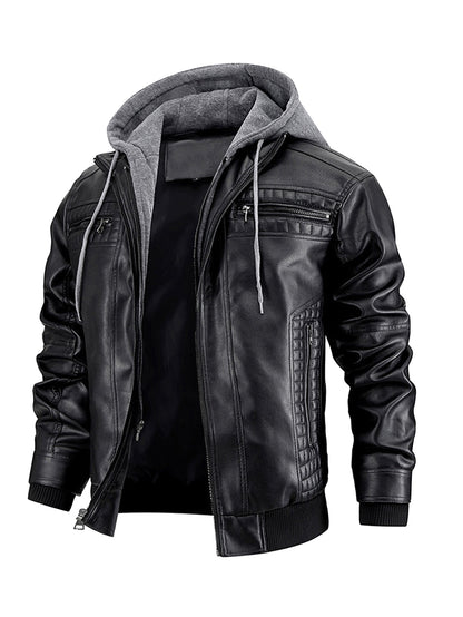 Veste en cuir à capuche pour homme - Fermeture éclair sur le devant - Vêtements d'extérieur décontractés