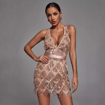 Robe midi femme – Coupe ajustée – Décolleté plongeant – Sequins et franges élégantes