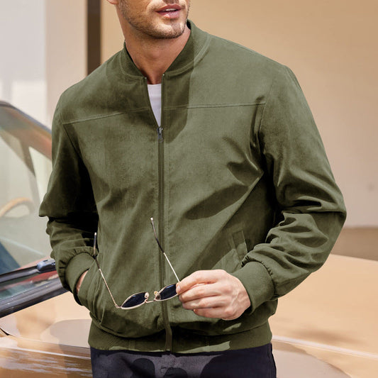Blouson bomber homme – Coupe classique – Tissu toucher daim – Col montant zippé