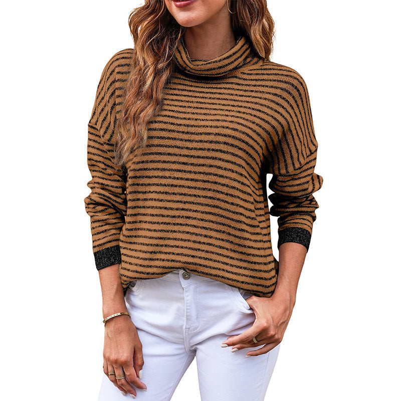 Women’s Turtleneck Knitwear – Relaxed Fit – Wool Blend – Striped – Ribbed Hem & Cuffs
