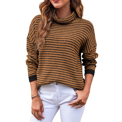 Women’s Turtleneck Knitwear – Relaxed Fit – Wool Blend – Striped – Ribbed Hem & Cuffs