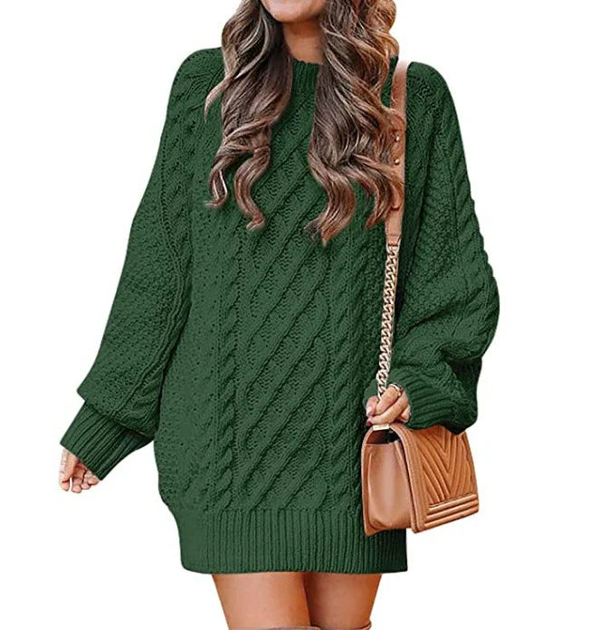 Robe Pull Femme – Coupe Oversize – Maille Torsadée – Longueur Genou – Manches Longues