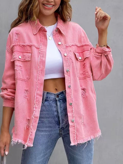 Veste en jean femme – Coupe oversize – Délavage effet usé – Longueur mi-hanches