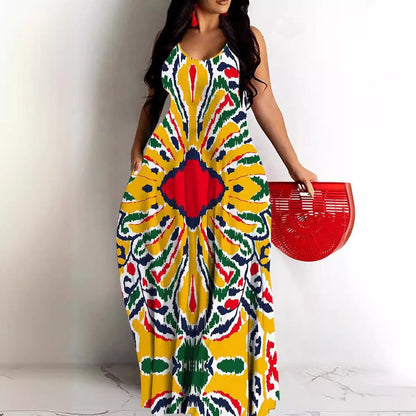 Robe longue femme – Coupe fluide – Décolleté en V – Bretelles fines – Imprimé abstrait