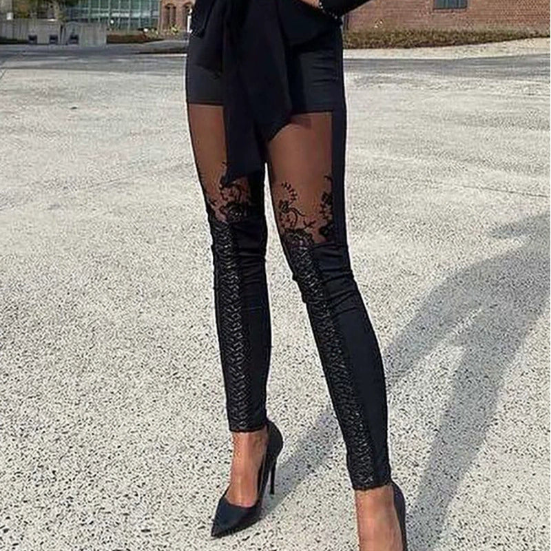 Femme Pantalon - Tissu Stretch - Coupe Slim - Inserts Dentelle Fleurie - Taille Haute