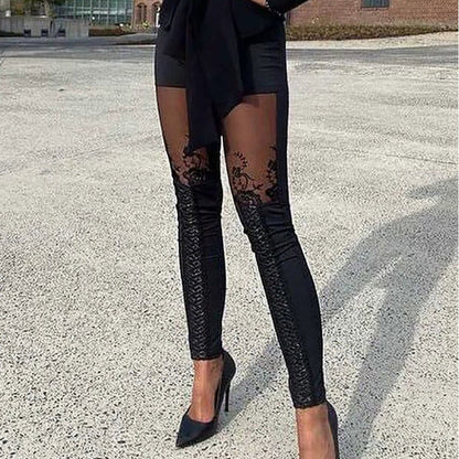 Femme Pantalon - Tissu Stretch - Coupe Slim - Inserts Dentelle Fleurie - Taille Haute