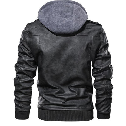 Veste en cuir à capuche pour homme - Fermeture éclair - Coupe décontractée
