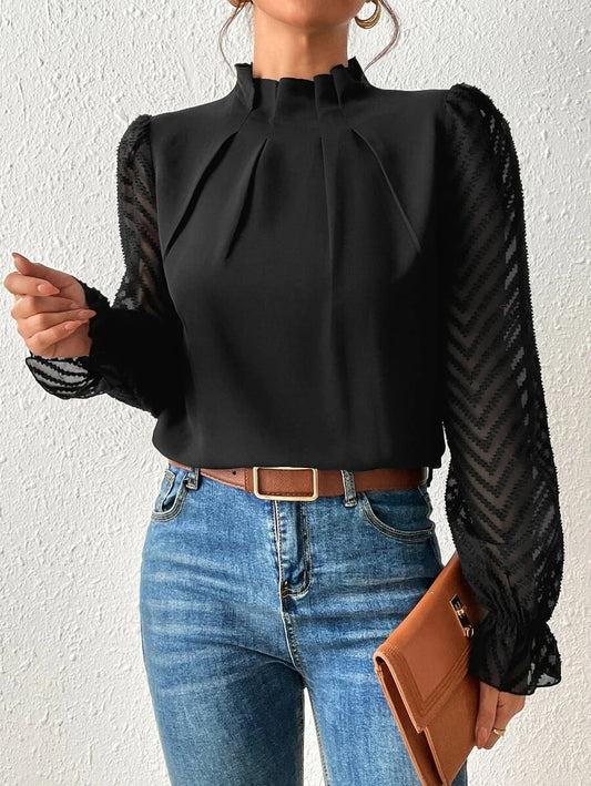 Blouse femme – Coupe ample – Col montant plissé – Manches longues en voile chevron
