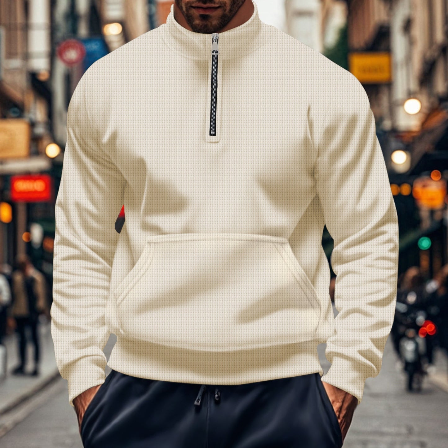 Sweat-shirt homme – Coupe décontractée – Demi-zip – Poche kangourou – Coton doux