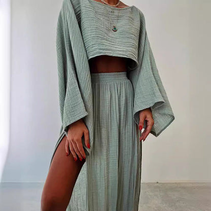 Top court femme – coupe ample – col bateau – manches 3/4 – mélange lin respirant
