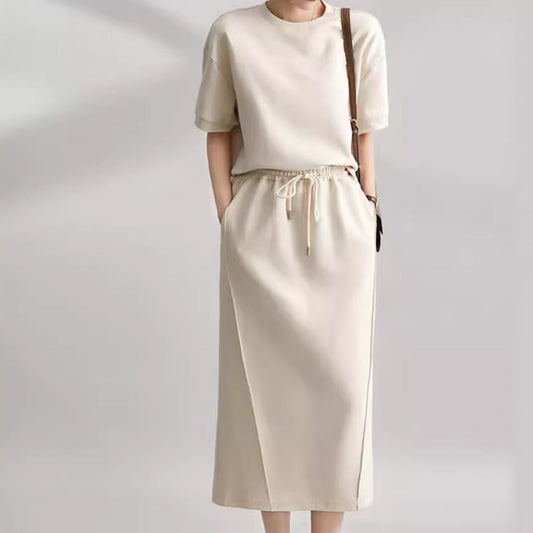 Ensemble Femme – Haut Manches Courtes Coupe Décontractée – Jupe Midi Fendue Coton Mélangé