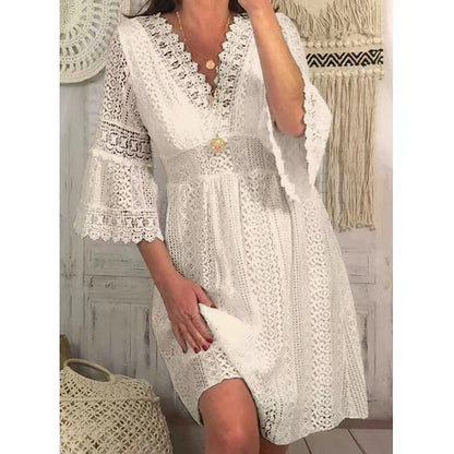 Robe femme élégante – Dentelle ajourée – Manches évasées – Coupe évasée – Mi-longue